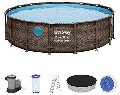 Bestway Power Steel™ Swim Vista Series™ Frame Pool, 488 x 122 cm, Komplett-Set mit Filterpumpe, rund, braune Rattan-Optik