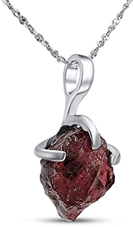 Natural raw garnet pendant chain necklace with white gold over 925 solid sterling silver, January birthstone dainty solitaire gift for her, uniquelan jewelry (garnet)