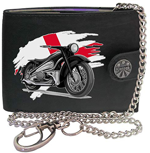 Klassek Biker Classic Vintage Motorbike Motorcycle England Flag Mens Chain Wallet Gift Box Brand Real Black Leather RFID Blocking with Coin Pocket