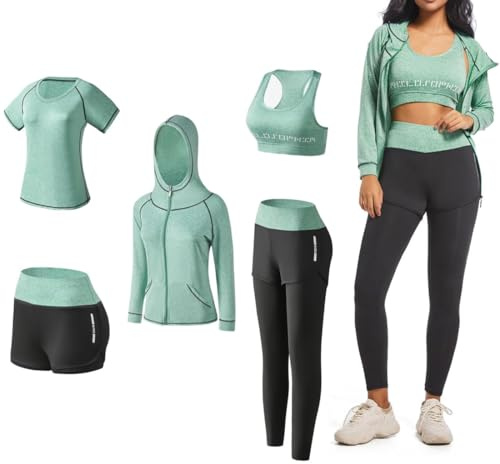 ODWTMRK Ensembles de Sport Femme Survêtement 5 Pièce Sportswear Costumes de Sport Gym Yoga Athletisme Fitness Jogging Tenue de Sport (Vert,M)