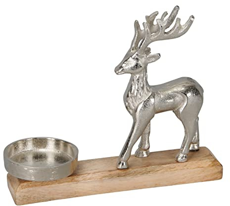 Hirsch Kerzenhalter Silber Stumpenkerzen Teelichthalter Kerzenteller edel Kerzenleiste 1 2 3 4 Metall und Holz L=23 cm