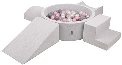 KiddyMoon Spielplatz Aus Schaumstoff Mit Rund Bällebad (300 Bälle) Ballgruben Für Babys Spielbad Hindernisläufen, Hergestellt In Der EU, Hellgrau:Perle/Grau/Transparent/Puderrosa