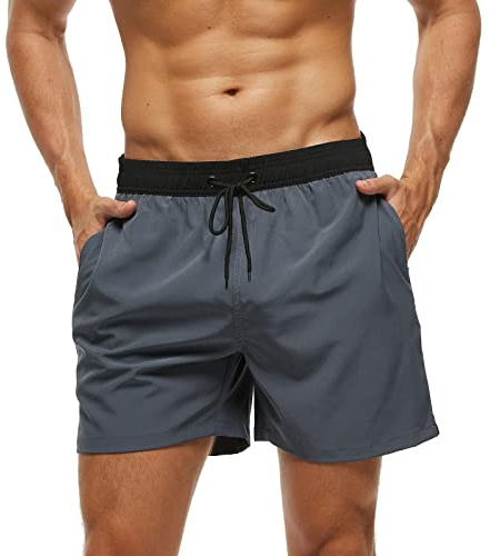 Aisprts Baddräkt Män, Badshorts för män med fickor med blixtlås, Snabbtorkande vattentäta elastiska strumpor för män med dragband och trosor, T2 Svart + Grå, L