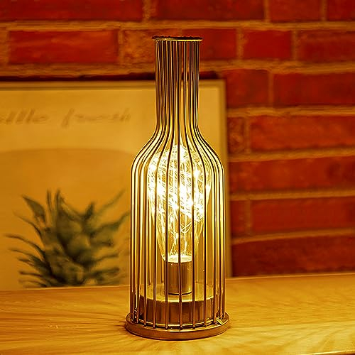 MUCHER Metal Cage Table lamp Battery Powered Night Light with LED Fairy Starry String Lights for Bedroom Home Weddings Parties Patio Indoors Outdoors(Bottle Shape) Gold