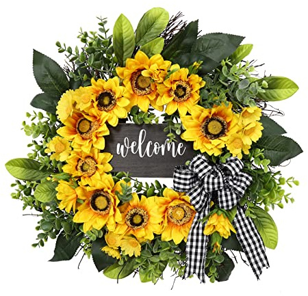 sunflower wreath with welcome,spring summer wreath for front door, unique housewarming gift,mother'day gift,farmhouse porch decor,sunflower wall decor,wedding favors,year round wreaths-20inch