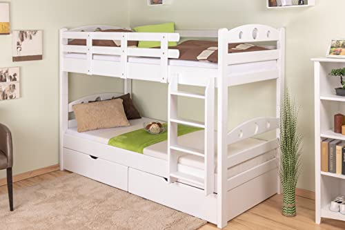 Stockbett für Erwachsene Easy Premium Line K19 inkl. 2 Schubladen und 2 Abdeckblenden, Kopf- und Fußteil mit Löchern, Buche Vollholz massiv Weiß - 90 x 200 cm (B x L), teilbar