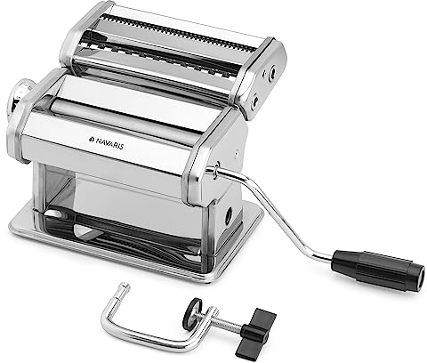Navaris Maquina para Hacer Pasta - Maquina Pasta Fresca con Grosor Ajustable 0,5 a 3 mm - Cortador Pasta rellena Espaguetis tallarines lasaña - Pasta Maker de Acero Inoxidable