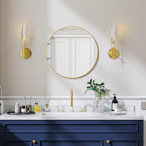 Koonmi runder Wandspiegel 50 cm, Metallrahmen, Gold | Bad und Schminkspiegel zur Wandmontage für Badezimmer, Wohnzimmer, Schlafzimmer und Eingangsbereich
