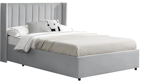 Juskys Polsterbett Savona 120x200 cm, Bett mit Stauraum, Lattenrost, Samt-Bezug, Bettgestell aus Holz, bis 250 kg, großes Kopfteil, Hellgrau