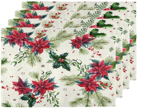 Weihnachten Tischsets für Küche Esstisch Weihnachten Blumen Blätter Stechpalme Beeren Platzsets Set von 6 Anti-Rutsch Hitzebeständig Waschbar Leinen Tisch Tischsets