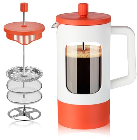 YOLIFE French Press Coffee Maker, 34 oz / 4 Cup Coffee Tea Press with Heat-resistant Borosilicate Glass, 4-Level Filtration Systems, Cold Brew Coffee Maker for Camping Travel Gifts, White and Orange