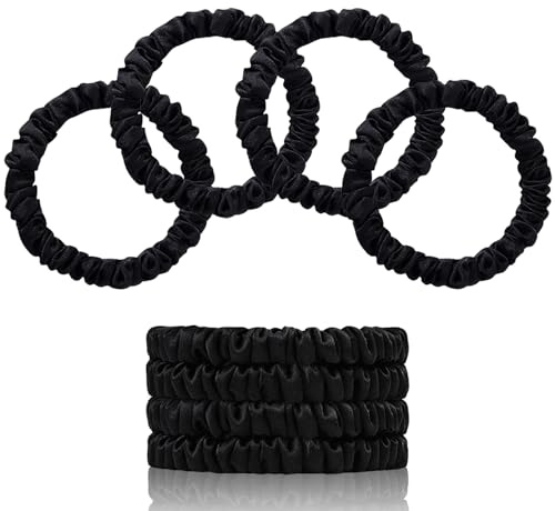SEMRUE 22 Momme 100% Pure Mulberry Silk Scrunchies (4 PCS) - Small Hair Elastics and Ties for Women, Sleep Hair Care, No Damage, Black