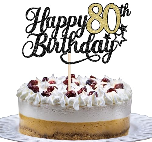 SYKYCTCY 1 Pack Happy 80th Birthday Cake Topper Glitter Little Star Cheers to 80 Cake Pick 80 Fabulous Cake Decorations for 80th Birthday Anniversary Theme Party Supplies Black Gold