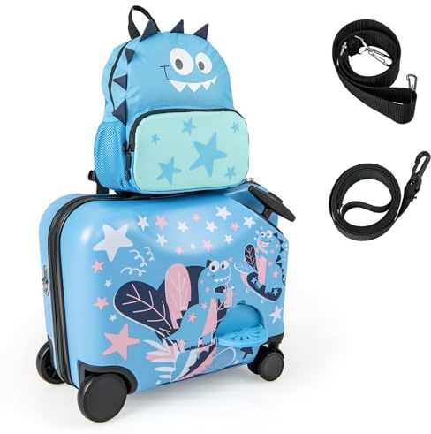DREAMADE Kinderkoffer zum Draufsitzen, 2 TLG. Kinderkoffer mit Rucksack, Kindergepäck Trolley zum Reisen, Reisetrolley Kinder Trolley Set (Blau-Dinosaurier, 18 Zoll +12 Zoll)