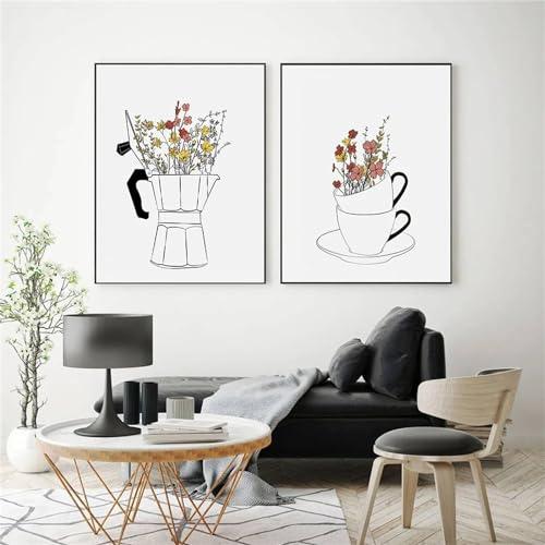 Herfair 2 Stück Poster Set, Modern Küchen Bilder Wandbilder, Kaffee Bar Wanddeko für Küche, Leinwand Küchenbilder Esszimmer Dekor Wandbilder, Ohne Rahmen (40x50cm)