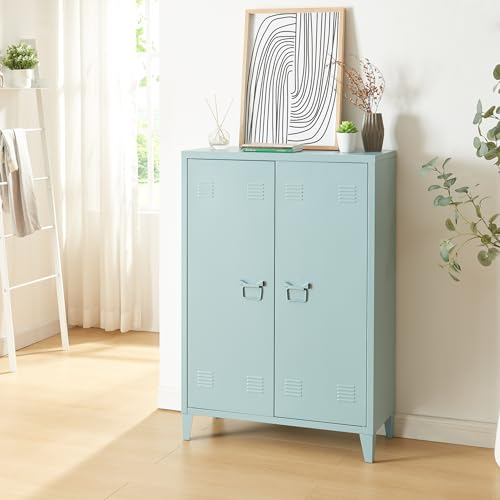 [en.casa] Metallschrank Oripää Wohnzimmerschrank 110 x 75 x 33 cm Aktenschrank Werkstattschrank mit 2 Türen und 2 höhenverstellbaren Ablagen Graublau