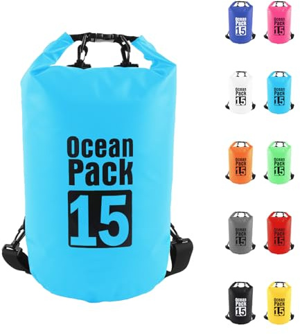 15L Himmelblau Wasserdichte Tasche, Dry Bag 2L/5L/10L/15L/20L/30L mit Verstellbarem Gurt, Schützt Telefon/Karte, Roll Top Wasserdichter Beutel Rucksack für Schwimmen/Rafting/Bootfahren/Camping/Strand