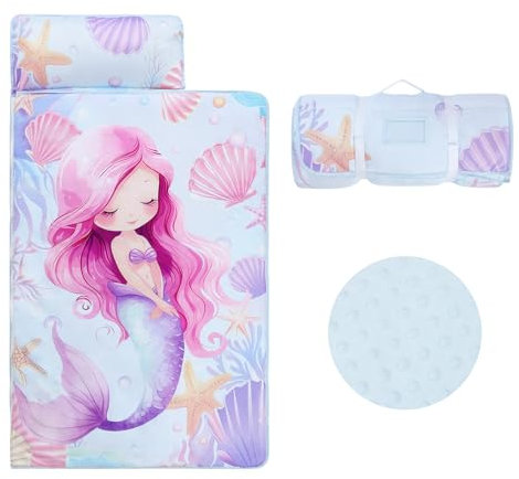 Schlafsack Kinder mit Kopfkissen Reißverschluss, Faltbare Kinderschlafsack mit Kissen Abnehmbar für Mädchen Jungen, Leicht Reinigen Schlafsack für Outdoor Indoor Camping, 150×60cm Nixen