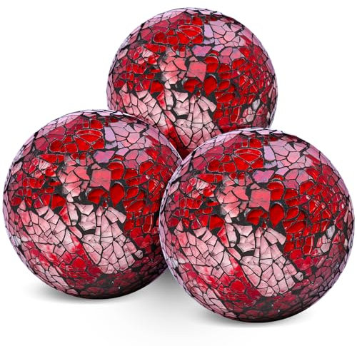 DomeStar 3PCS Mosaic Glass Orbs, 3 Inch Dark Red Decorative Glass Balls Table Centerpieces Balls for Anniversary Christmas Birthday