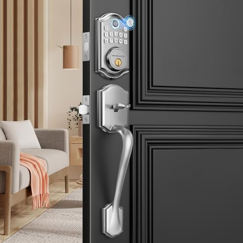AkaGear DS10 Keyless Entry Door Lock with Handle Set - Fingerprint Door Locks, Electronic Keypad Deadbolt, Smart Locks for Front Door, Auto-Lock & One Touch Locking, Easy Installation - Satin Nickel