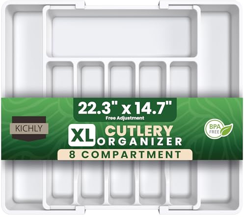 KICHLY Cutlery and Kitchen cutlery drawer organiser Expandable 8 Compartment for Kitchen, Multipurpose Large cutlery Tray and Spoon Holder, Adjustable Silverware Plastic Organizer, (White)