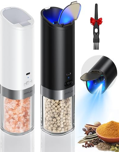 FORLIM Molinillo de pimienta eléctrico para sal y pimienta, funcionamiento automático con una sola mano, recargable por USB, grano ajustable, tapón antipolvo fijo, paquete de 2