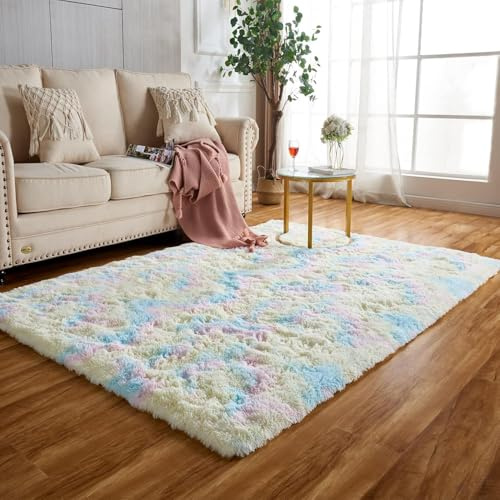Achiiso Hochflorteppich, Regenbogen Teppich Klein,Bunt Anti-Rutsch Teppich,Teppich Wohnzimmer,Flauschig Weicher Teppich (Regenbogen,80 * 120 cm)