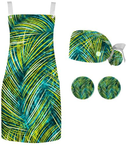 lcndlsoe Set di grembiule da cuoco con cappello, cappello da chef con foglie di palma tropicale e grembiule da cucina per adulti grembiule regolabile con 2 bottoni distintivi per cucinare, Multicolore