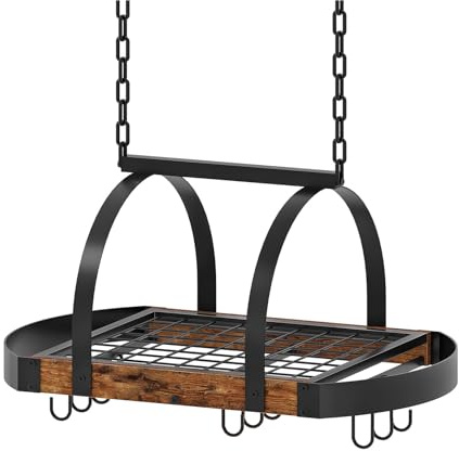 CHOEZON Hanging Pot Rack, Pot Hanger for Kitchen, Ceiling Mounted Pot Holder, Cookware Organizer with 9 S-Shaped Hooks, for Pot, Pan Storage, Space-Saving, Rustic Brown and Black TPR07BF