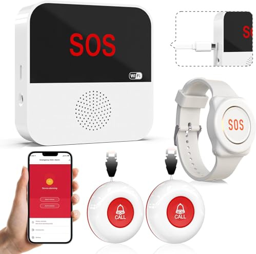 SanJie WiFi Rechargable Caregiver Pager Emergency Alert System with 2 Call Buttons, 1 Alert Watch & 1 Receiver for Seniors, Elderly, Patients, Disabled at Home - Supports 2.4GHz Wi-Fi Only