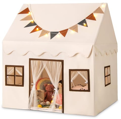 GOPLUS Spielhaus Kinder Indoor, Kinderzelt für Drinnen mit rutschfeste Matte, LED-Sternenlichtern, Fahnen, 3 Fenstern & Mesh-Vorhängen, Kinderzelt für Mädchen & Jungen ab 3 Jahren (Beige+Braun)