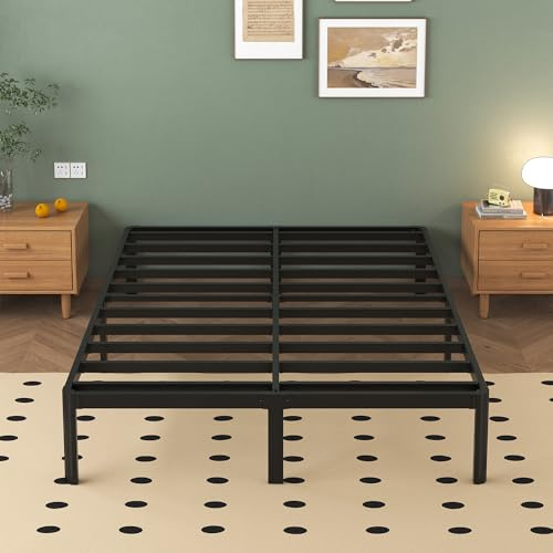 Lutown-Teen Metallsäng 150 x 190 cm med runda ben, höjd 36 cm dubbelsängsram med metallens ribbotten, svart
