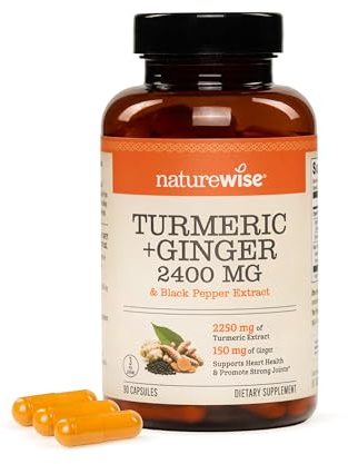 NatureWise Turmeric Curcumin + Ginger 2400 mg - Ultra High Curcuminoids 2100 mg - Turmeric Extract + Ginger - Extra Strength & Absorption - Vegan, Non-GMO - 90 Count[30-Day Supply]