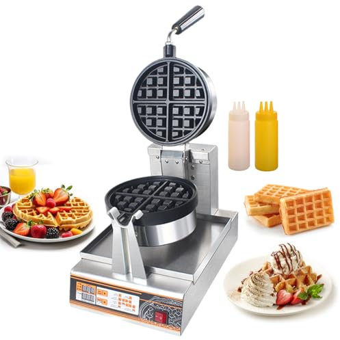 pealiritansemen Gofrera Comercial De Doble Cara De 1200 W | Gofrera Redonda Profesional - Placas Antiadherentes, para Comida para Llevar, Pastelerías Y Chefs Domésticos, con Botella Flexible