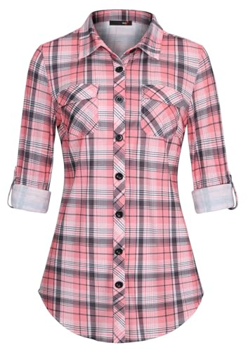 DJT Womens Soft Stretchy Knit Checked Shirts Roll Up Long Sleeve Button Down Collared Ladies Blouses Work Tops
