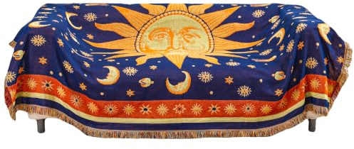 HOORDRY Boho Doppelseitig Sofadecke mit Fransen 180x230CM | Dekorative Baumwolle Decke Tagesdecke mit Sonne und Mond Muster,Hohe Qualität,Sofaüberwurf,oder Teppich,Gelb/Blau