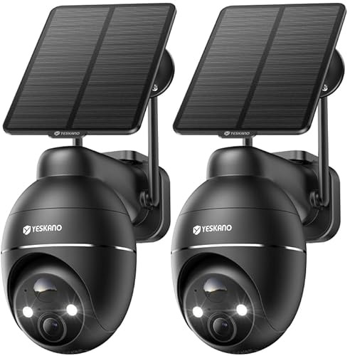 YESKANO 2K Camera Surveillance WiFi Exterieure sans Fil Solaire, Caméra Extérieure Solaire 360° PTZ, avec Panneau Déporté 2M, Vision Nocturne Couleur, Détection PIR, Audio 2 Voies, 2,4 GHz, IP66 2pcs