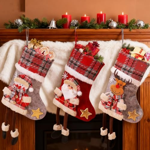 BOTEWO Weihnachtssocken Zum Befüllen: 3 Stück Kuschelige Strümpfe aus Stoff und weichem Plüsch dekorative Socken für Kamin Treppen oder Weihnachtsbaum Festliche Deko Weihnachten