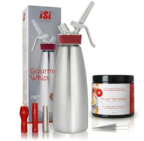 iSi Sahnespender 1l Edelstahl – Profi Sahnesyphon für Schlagsahne & Espuma – Gourmet Whip inkl 3 Tüllen & Reinigungsbürste – Sahnesiphon Flasche + Magic Texturizer