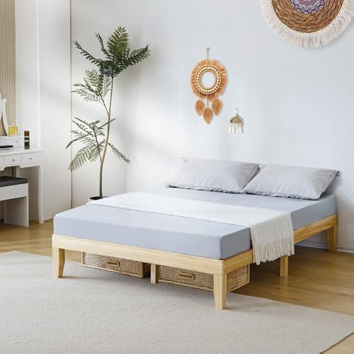 Bonnlo Cadre de Lit, Sommier à Lattes en Bois, Support à Lattes, Lit Simple sans Matelas, en Bois Naturel pour Adulte, Espace de Rangement, 160 x 200 x 30.5 cm