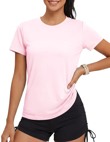 MAGCOMSEN Damen Tshirt Sport Shirts UV Schutz Sommer Activewear Rundhals UPF 50 Kurzarm Wandershirt Outdoor Hellrosa L