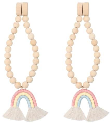 2 Stück Vorhang Raffhalter Magnetisch, Regenbogen Gardinenhalter mit Holzperlen, Boho Deko Raffhalter für Vorhänge, Kein Bohren Vorhanghalter für Kinderzimmer, Schlafzimmer & Wohnzimmer