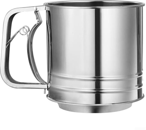 Large Capacity Stainless Steel Flour Sifter with Hand Crank, Double-Layer Mesh Sieve for Baking, Ergonomic Handle Kitchen Tool for Cake and Bread Making, Silver(5Cup)