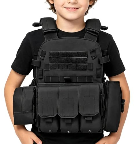 Airsoftväst för Barn,Multipla Förvaringsfickor Justerbar Skyddsutrustning | Säkerhetsväst för Barn,För Utomhus Jakt Träning Paintballspel Cosplay Utklädnad Rollspel Strid Kamp Skyddsvakt