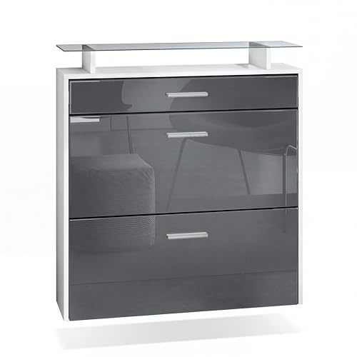 Vladon Schuhschrank Malea, hängender Schuhkipper für 16 Paar Schuhe mit 2 Klappen und 1 Schublade und Glasablage, Weiß matt/Grau Hochglanz (89 x 96 x 23 cm)