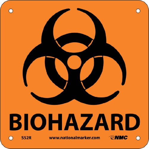 NMC S52R Warnschild mit Grafik, BIOHAZARD, 17,8 cm Breite x 17,8 cm Höhe, starrer Kunststoff, Schwarz auf Orange