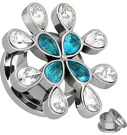 Treuheld Flesh Tunnel - Stahl - Kristall - Blume - Hellblau 12 mm