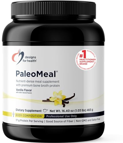 Designs for Health PaleoMeal - Bone Broth Protein Powder with 17g Protein, Meal Replacement Shake Dietary Supplement with Active Folate + Chelated Minerals, Vanilla (15 Servings / 480g)