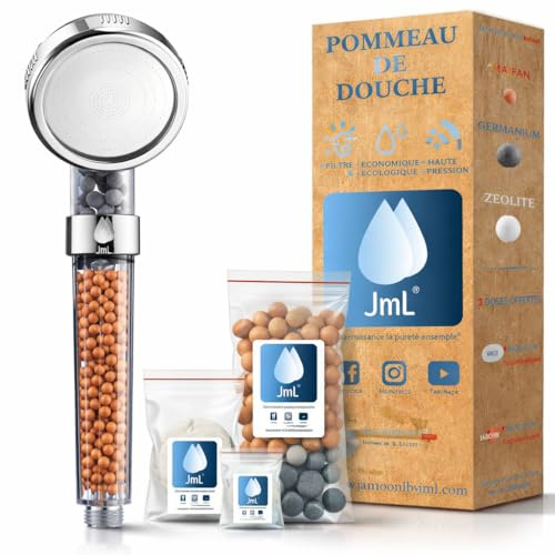 JaMoonLBV JmL® Marque Française, Pommeau Douche Anti-calcaire - Pomme de Douche Universelle Haute Pression - Douchette Salle de Bain Économie d'Eau - Inclus Recharge Billes Minérales Supplémentaires