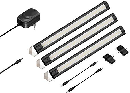 ledscom.de LED Unterbau-Leuchte SIRIS schwarz matt, Eckmontage, flach, 30cm, je 370lm, weiß, 3er Set